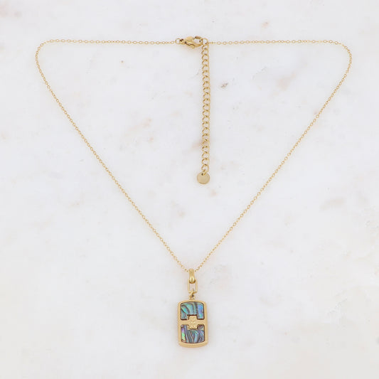 Collier avec une pampille rectangulaire ornée d'une feuille de nacre abalone 39+7 cm