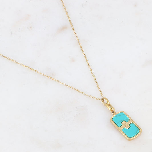 Collier avec une pampille rectangulaire ornée d'une pierre howlite turquoise 39+7 cm