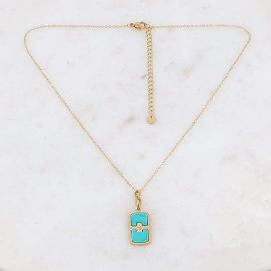 Collier avec une pampille rectangulaire ornée d'une pierre howlite turquoise 39+7 cm