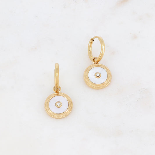 Créoles avec pampille ronde ornée de nacre et d'un strass au centre 1,4 x 2,8 cm.