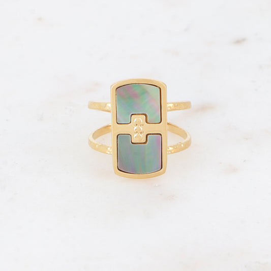 Bague 2 rangs avec nacre, feuille de nacre véritable - Nacre grise