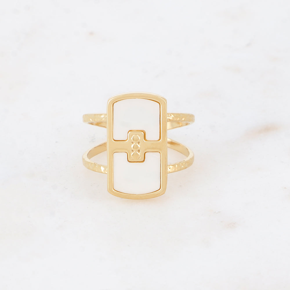 Bague 2 rangs avec nacre, feuille de nacre véritable - Nacre blanche
