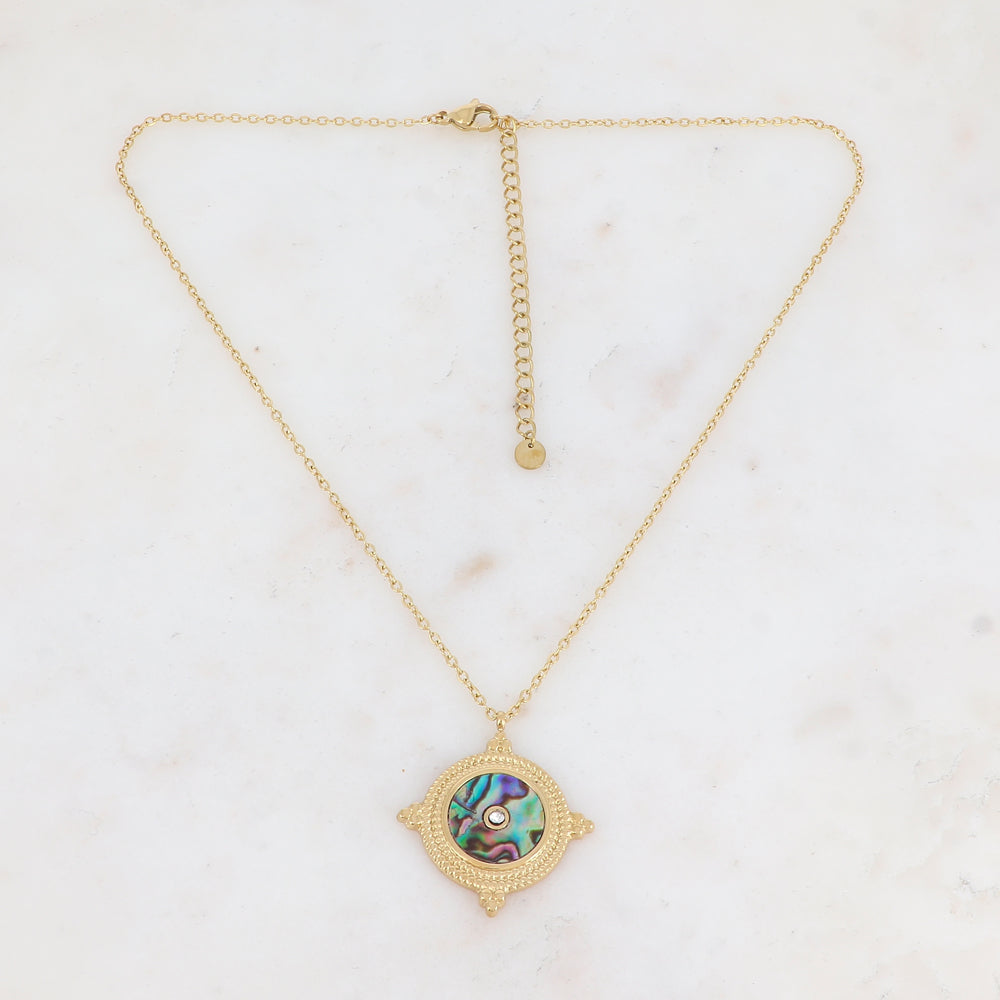 Collier avec une pampille ronde ornée d'une feuille de nacre abalone et d'un strass 39+7 cm