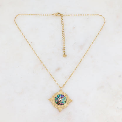 Collier avec une pampille ronde ornée d'une feuille de nacre abalone et d'un strass 39+7 cm