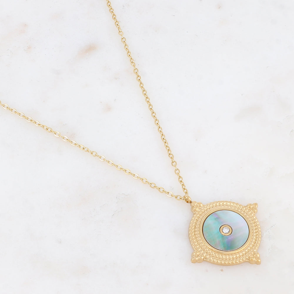 Collier avec une pampille ronde ornée d'une feuille de nacre naturelle grise et d'un strass 39+7 cm