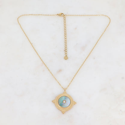 Collier avec une pampille ronde ornée d'une feuille de nacre naturelle grise et d'un strass 39+7 cm