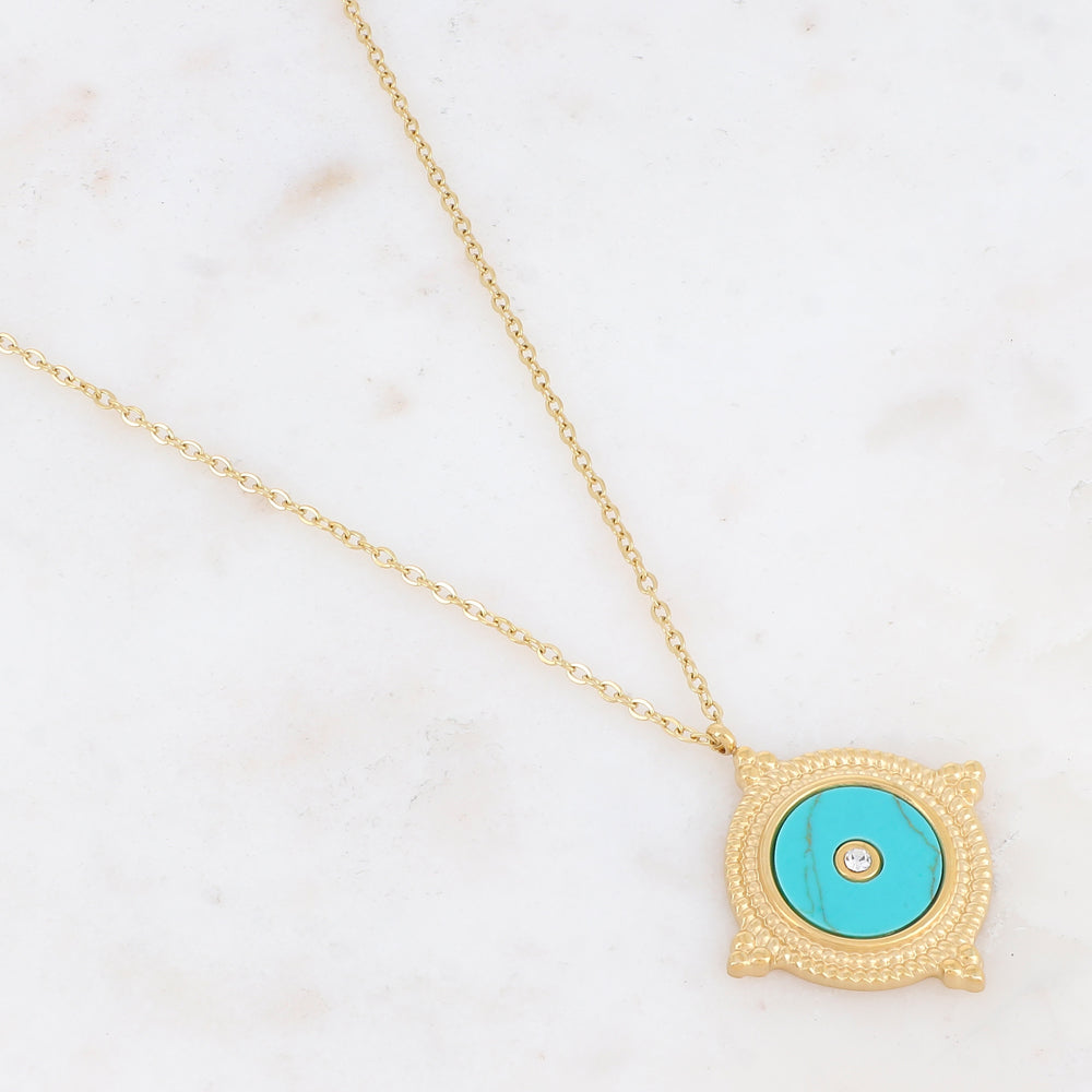 Collier avec une pampille ronde ornée d'une pierre howlite turquoise et d'un strass 39+7 cm