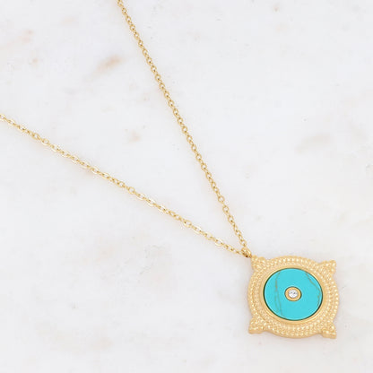 Collier avec une pampille ronde ornée d'une pierre howlite turquoise et d'un strass 39+7 cm