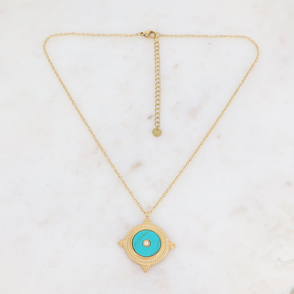 Collier avec une pampille ronde ornée d'une pierre howlite turquoise et d'un strass 39+7 cm