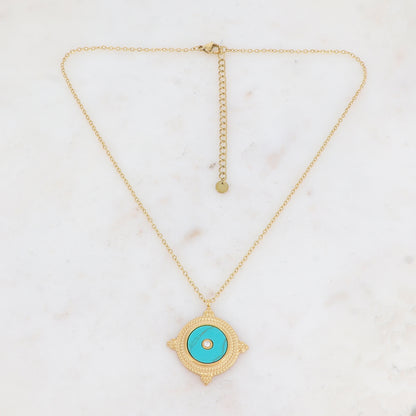 Collier avec une pampille ronde ornée d'une pierre howlite turquoise et d'un strass 39+7 cm