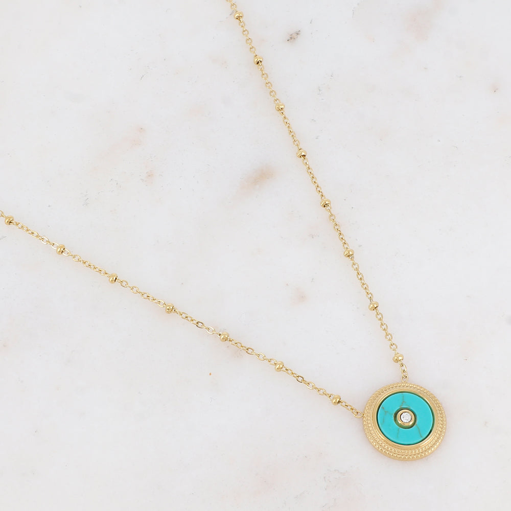 Collier avec une pampille ronde ornée d'une pierre howlite turquoise et d'un strass 39+7 cm