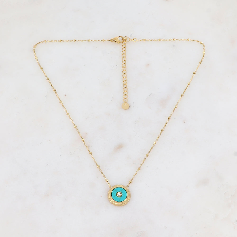 Collier avec une pampille ronde ornée d'une pierre howlite turquoise et d'un strass 39+7 cm
