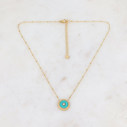 Collier avec une pampille ronde ornée d'une pierre howlite turquoise et d'un strass 39+7 cm