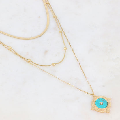 Collier triple rangs doré avec une pampille ronde ornée d'une pierre Howlite turquoise 38/50/60+5 cm