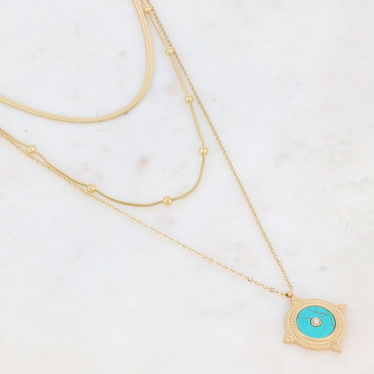 Collier triple rangs doré avec une pampille ronde ornée d'une pierre Howlite turquoise 38/50/60+5 cm