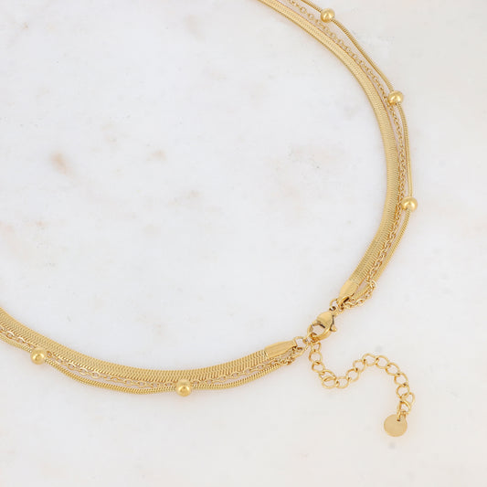 Collier triple rangs doré avec une pampille ronde ornée d'une nacre blanche 38/50/60+5 cm