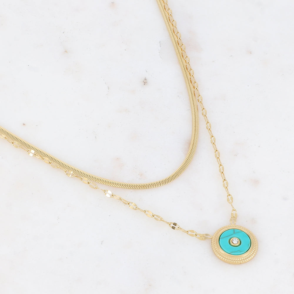 Collier double rangs doré avec une pampille ronde ornée d'une pierre Howlite turquoise 38/42,5+7 cm