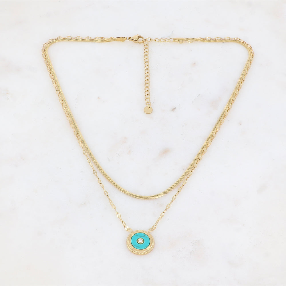 Collier double rangs doré avec une pampille ronde ornée d'une pierre Howlite turquoise 38/42,5+7 cm