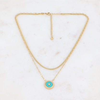 Collier double rangs doré avec une pampille ronde ornée d'une pierre Howlite turquoise 38/42,5+7 cm