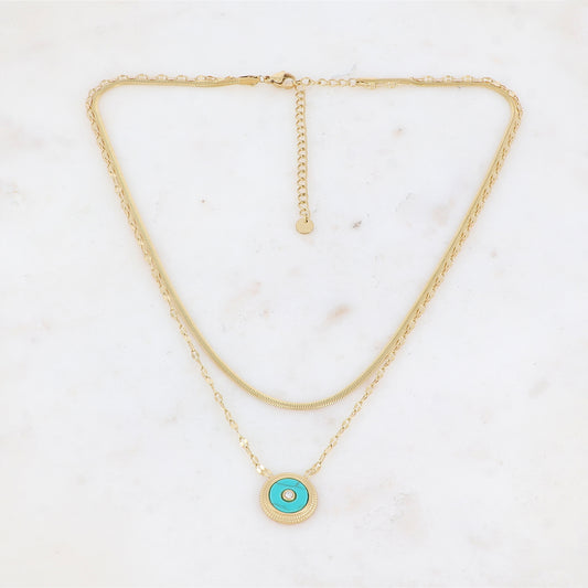 Collier double rangs doré avec une pampille ronde ornée d'une pierre Howlite turquoise 38/42,5+7 cm
