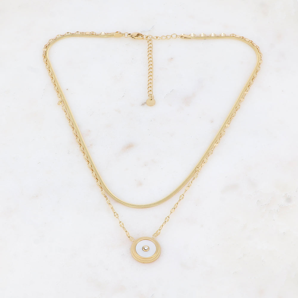 Collier double rangs doré avec une pampille ronde ornée d'une nacre blanche 38/42,5+7 cm