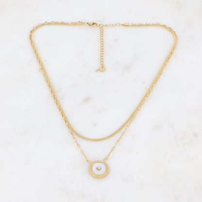 Collier double rangs doré avec une pampille ronde ornée d'une nacre blanche 38/42,5+7 cm
