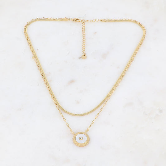 Collier double rangs doré avec une pampille ronde ornée d'une nacre blanche 38/42,5+7 cm