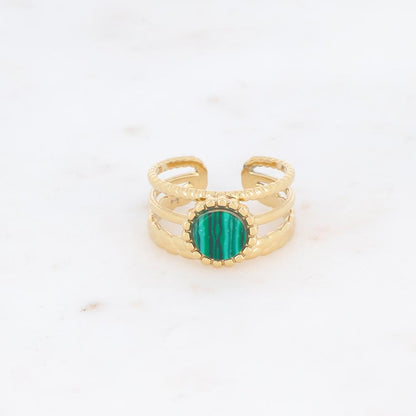 Bague 3 rangs avec une pierre reconstituée ronde - Malachite