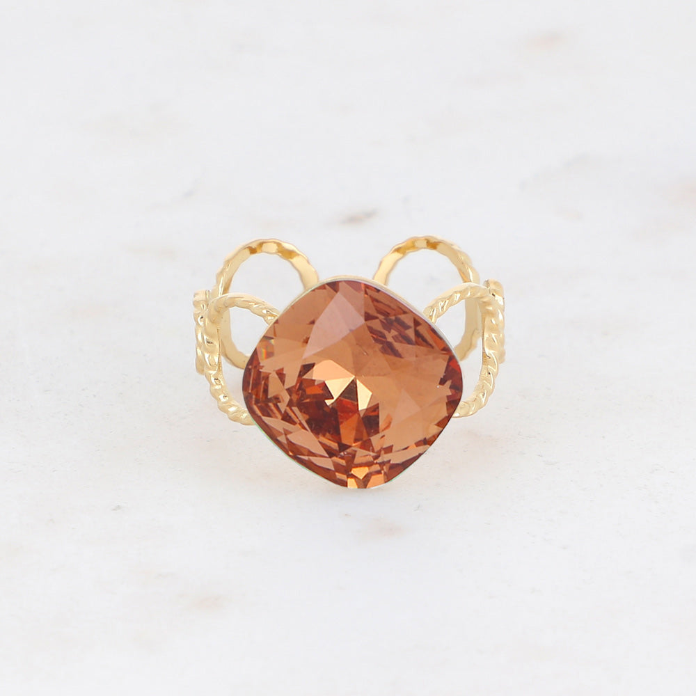 Bague - anneau aux cercles striés et orné de cristaux de Swarovski® - Smoked topaz