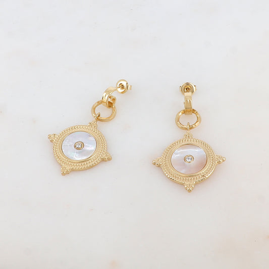 B.O à puce avec anneaux, strass, nacre 2,8 x 4,6 cm.