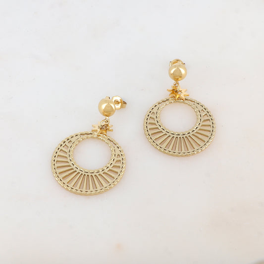 B.O à puce avec demi-boule, pampille étoile et pendant rond ajouré 3 x 4,5 cm