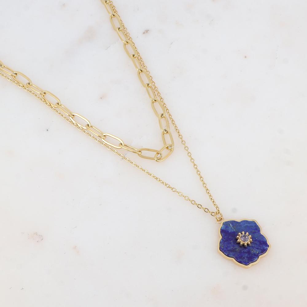 Collier double rangs avec pendentif fleur en pierre naturelle et strass (38/42+7CM)