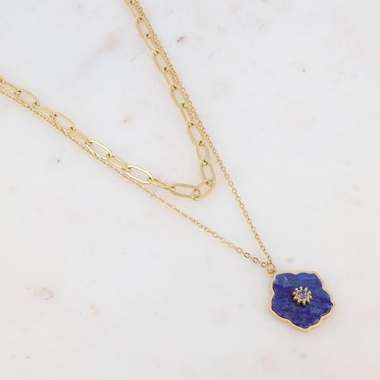 Collier double rangs avec pendentif fleur en pierre naturelle et strass (38/42+7CM)