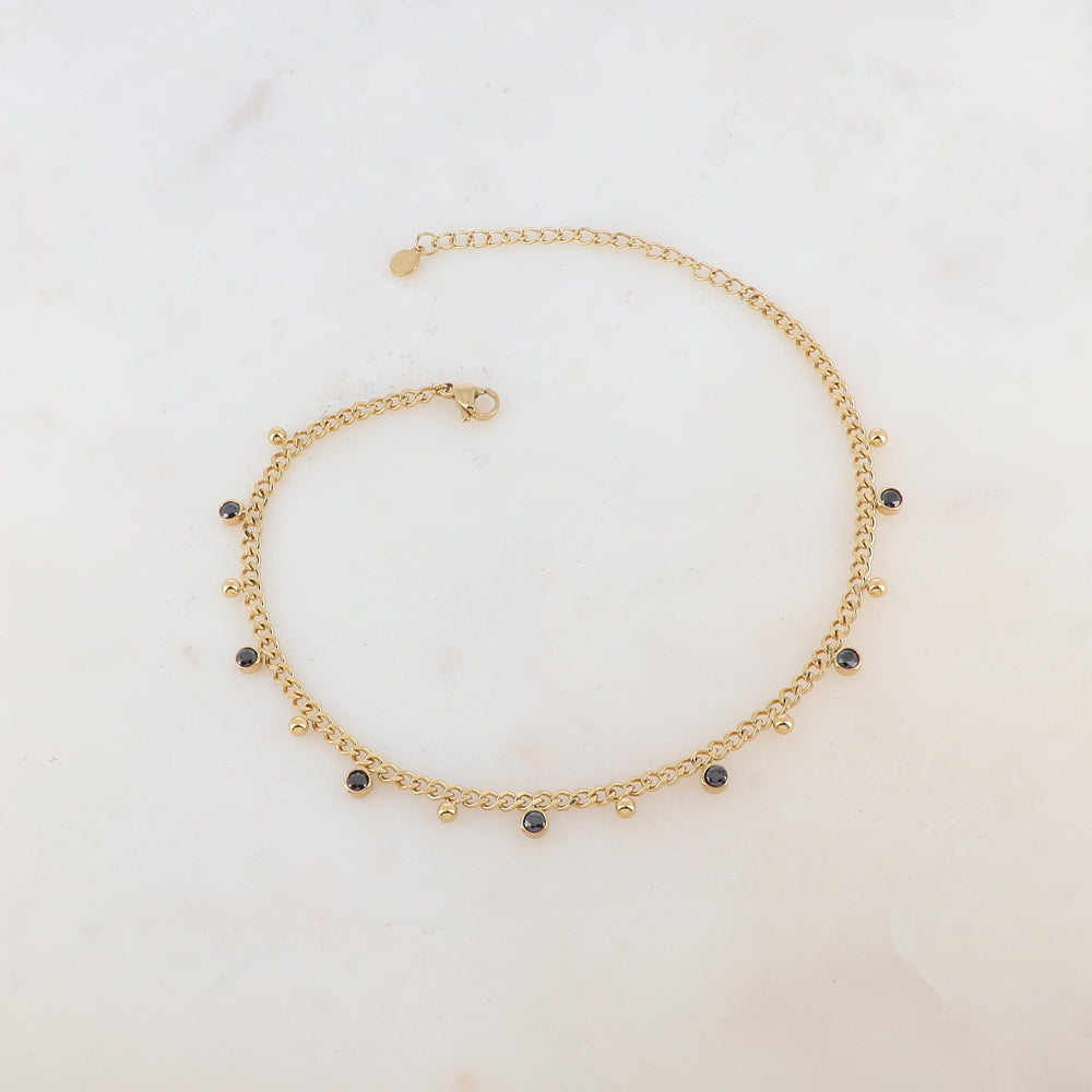 Chaîne de cheville avec petites boules et strass (23+5CM)