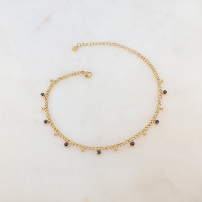Chaîne de cheville avec petites boules et strass (23+5CM)