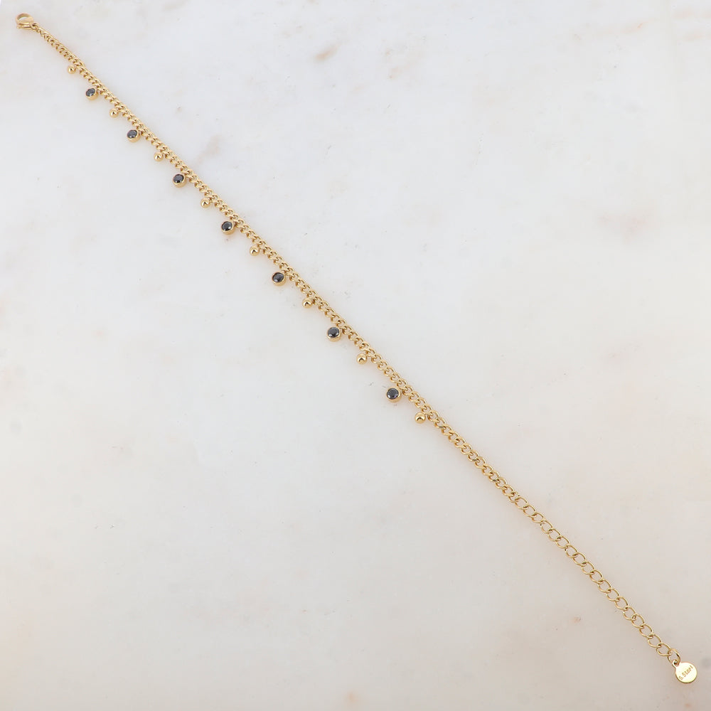 Chaîne de cheville avec petites boules et strass (23+5CM)