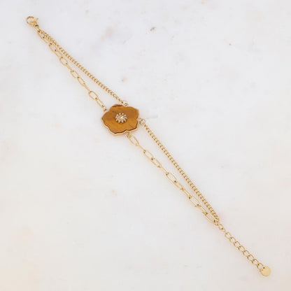 Bracelet deux rangs avec fleur en pierre naturelle, strass