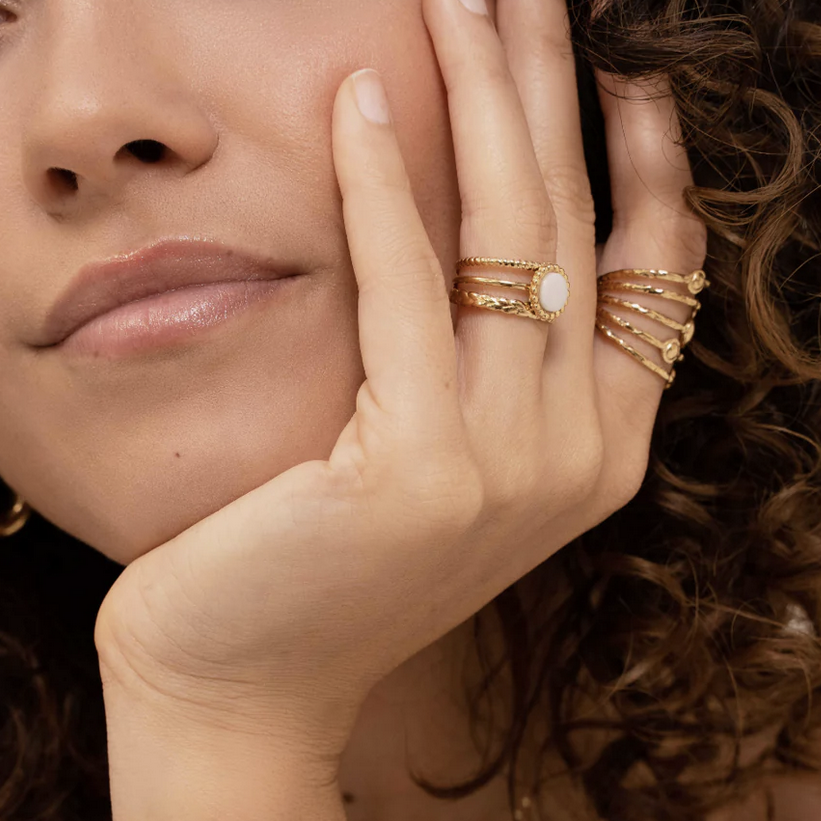 Bague 3 rangs avec une pierre naturelle ronde - Agate