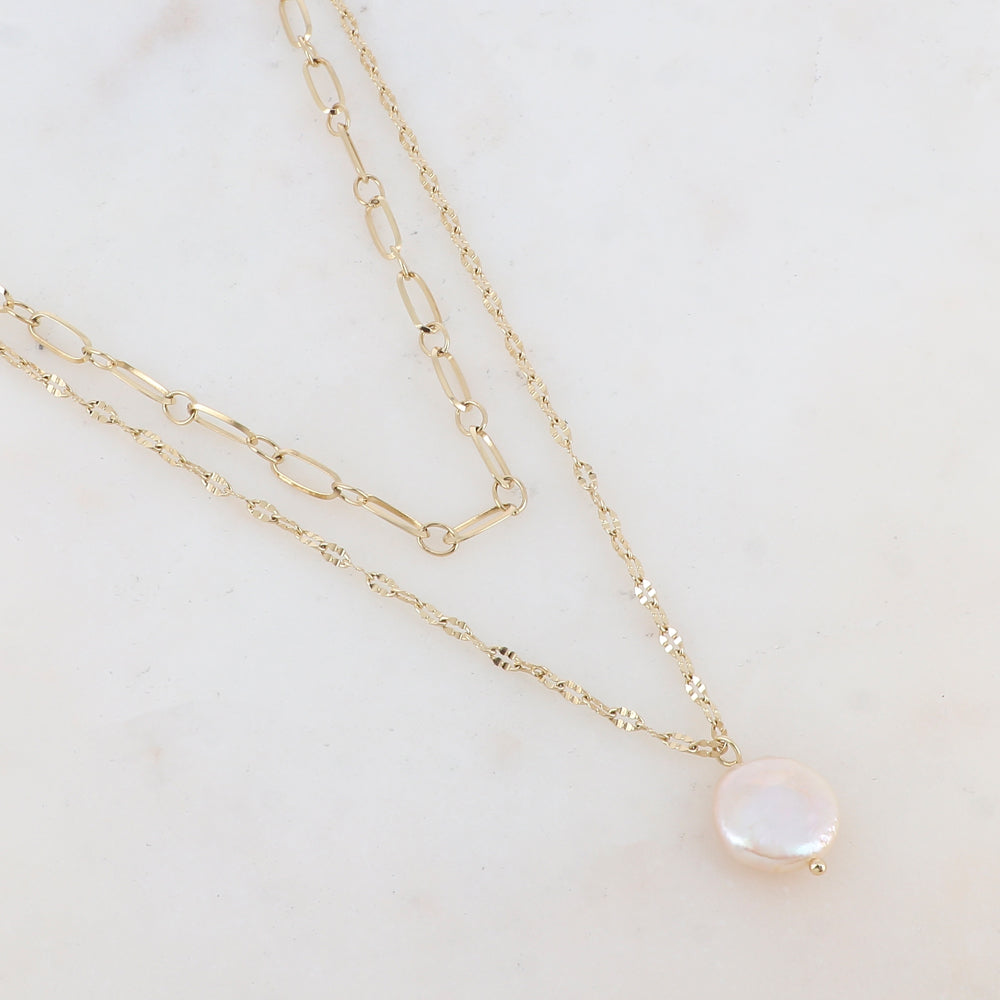 Collier 2 rangs en maille avec pendentif perle d'eau douce 39/45+5 cm