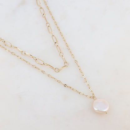 Collier 2 rangs en maille avec pendentif perle d'eau douce 39/45+5 cm