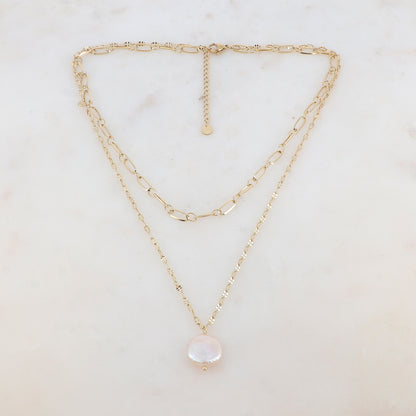 Collier 2 rangs en maille avec pendentif perle d'eau douce 39/45+5 cm