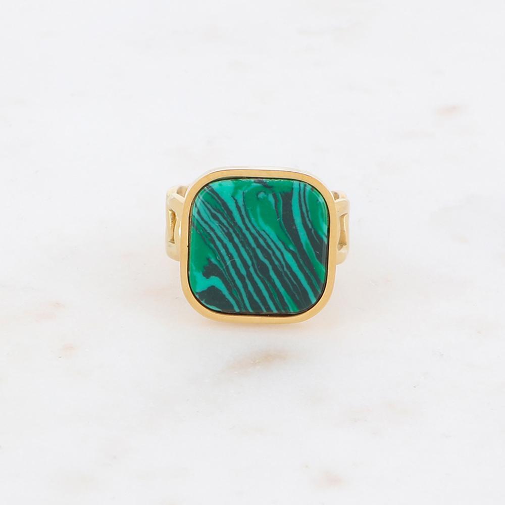 Bague en maille plate ornée d'une pierre reconstituée carrée - Malachite