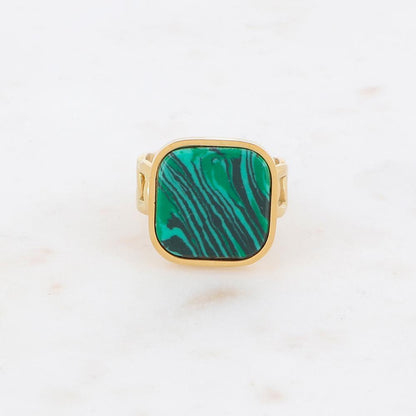 Bague en maille plate ornée d'une pierre reconstituée carrée - Malachite