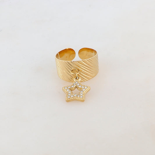 Bague effet rayé avec pampille étoile et strass - Blanc