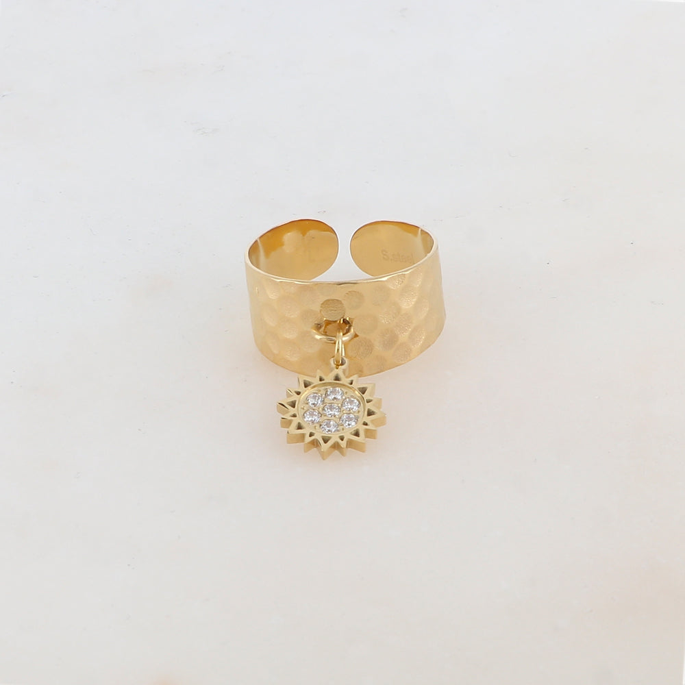 Bague martelée avec pampille et strass - Blanc