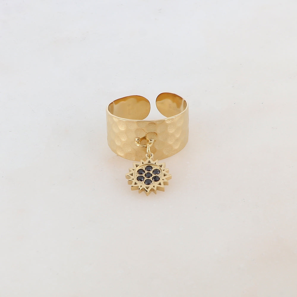 Bague martelée avec pampille et strass - Noir