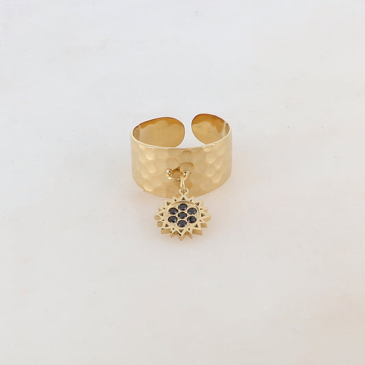 Bague martelée avec pampille et strass - Noir
