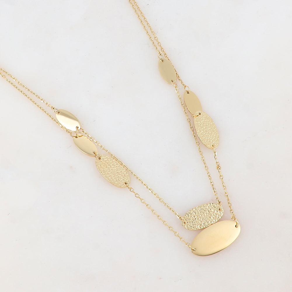 Collier 2 rangs avec 5 pièces ovales lisses et 3 pièces ovales martelées (40/42+5CM)