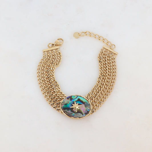 Bracelet en maille gourmette quatre rangs avec pièce ovale, nacre abalone et étoile gravée