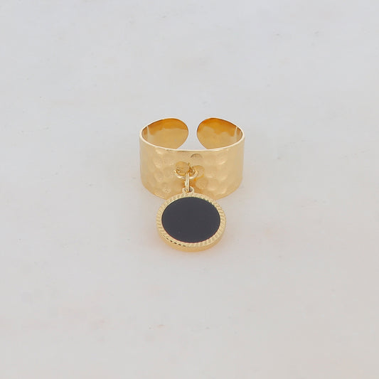 Bague martelée avec pampille ronde, pierre naturelle - Onyx
